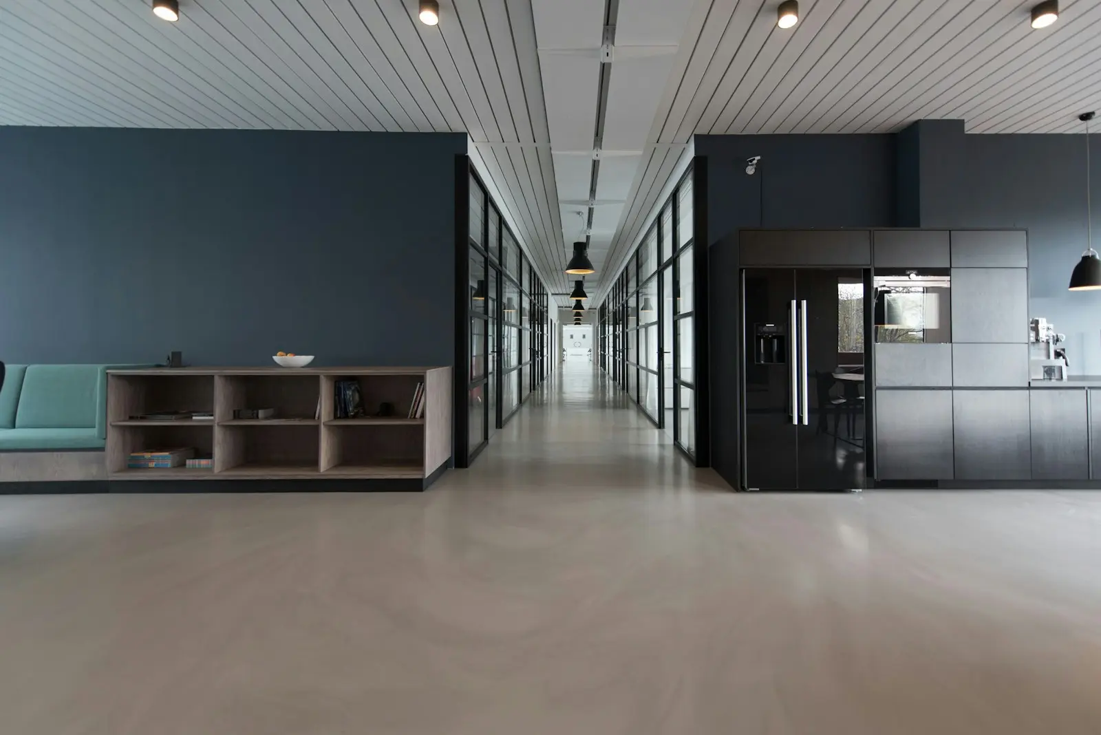 Finished office corridor with modern ceiling and flooring