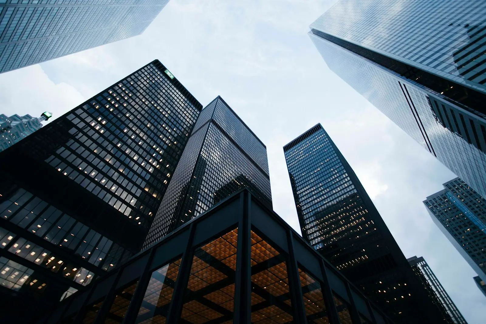 Modern commercial office towers viewed from street level